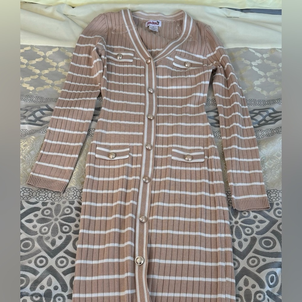 Madrag Striped Tan and White Button-Up Dress